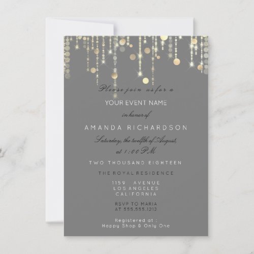 Gray Gold Drips Confetti Bridal Birthday Invitation