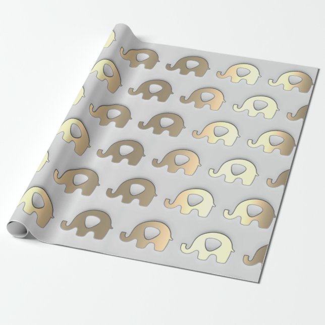 Gray Gold Elephants Baby Shower Princess Girl Boy Wrapping Paper (Unrolled)