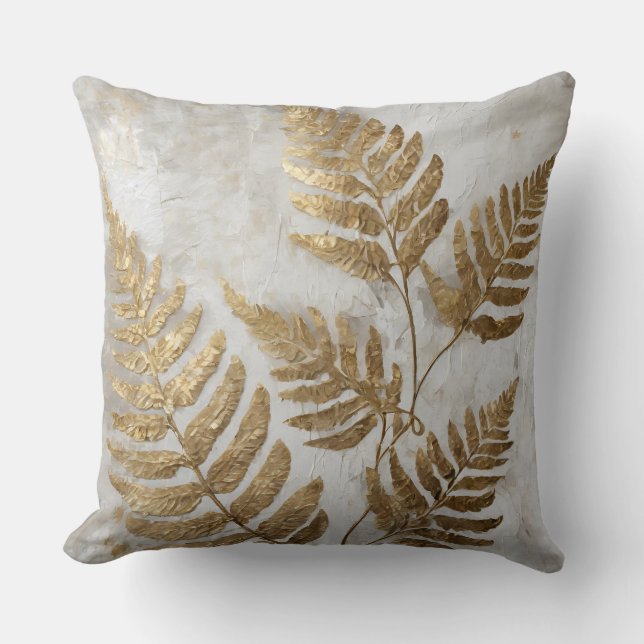 Gray Gold Fern Leaves Throw Pillow (Front)