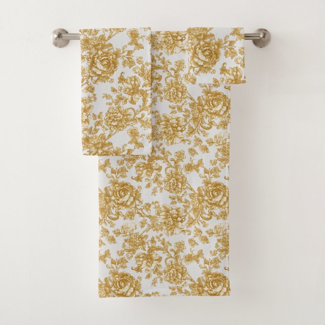 Gray & Gold Floral Damask Peony Rose Bath Towel Set (Insitu)