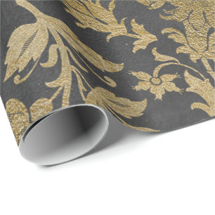 Gray Gold Floral Lilas Cottage Damask Graphite Wrapping Paper