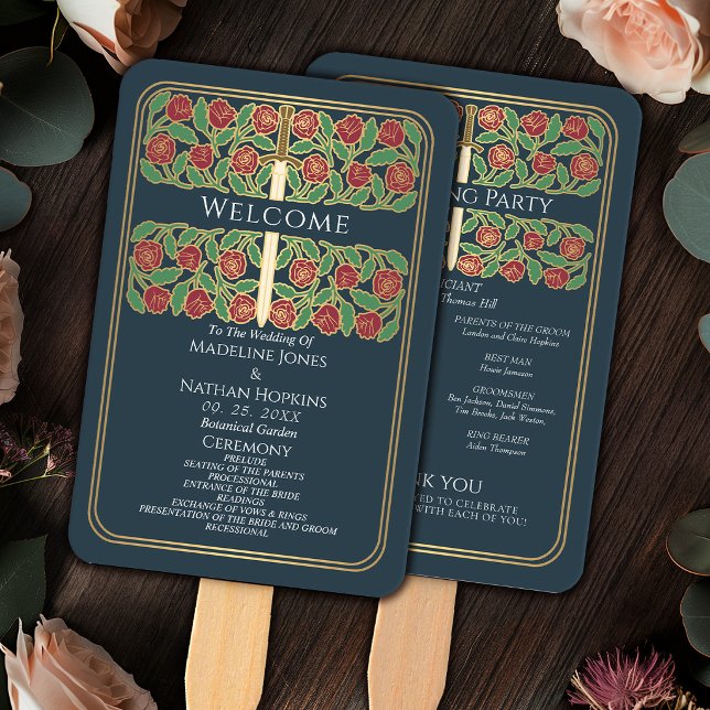 Gray Gold Floral Sword Royal Wedding Program Hand Fan (Creator Uploaded)