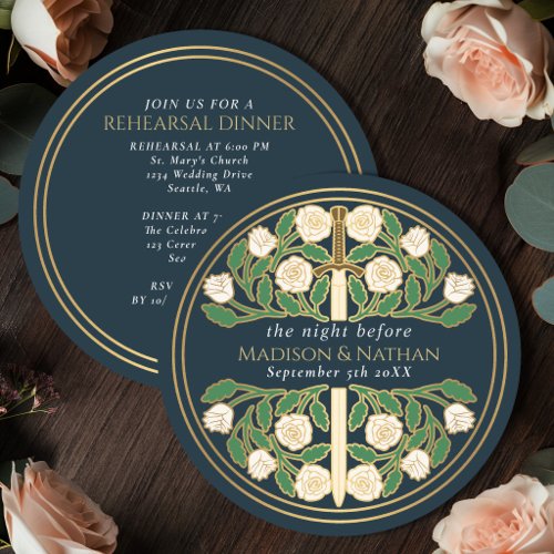Gray Gold Floral Sword Royal Wedding Rehearsal Invitation