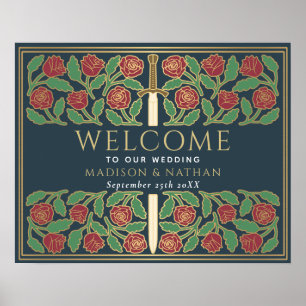 Gray Gold Floral Sword Royal Wedding Welcome Sign