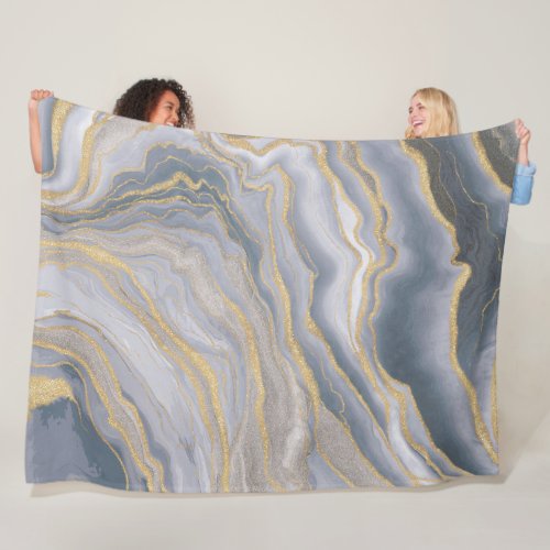 Gray Gold Fluid Liquid Painting Fleece Blanket