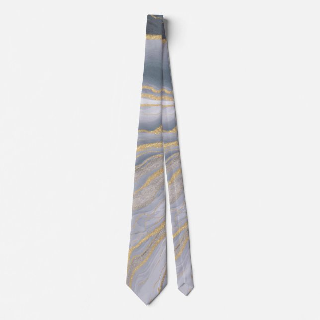 Gray Gold Fluid Liquid Painting Neck Tie (Front)