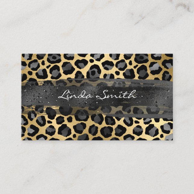 Gray Gold Foil Leopard Brush Stroke Business Card (Front)