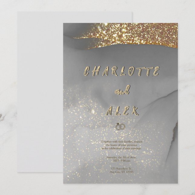 Gray Gold Glitter Chic Ink Wedding Invitation (Front/Back)