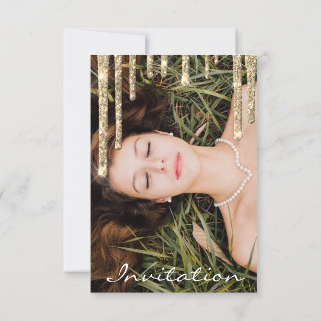 Gray Gold Glitter Drips Birthday Bridal Shower Invitation (Back)