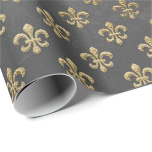 Gray Gold Grungy Fleur De Lis Royal Graphite Wrapping Paper