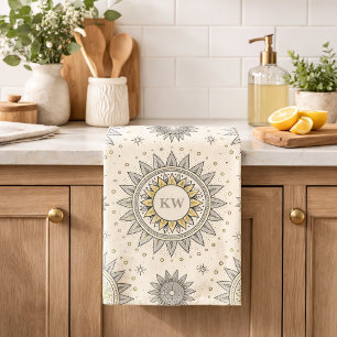 Gray Gold Mandala Pattern Monogram Kitchen Towel