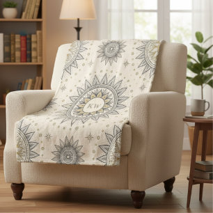 Gray Gold Mandala Pattern Monogram Sherpa Blanket