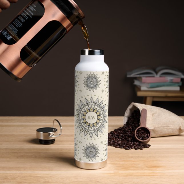 Gray Gold Mandala Pattern Monogram Water Bottle (Coffee (Rotated))