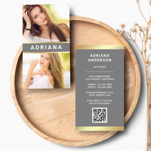 Gray Gold Model Actress QR Code 2 Photo Collage Business Card