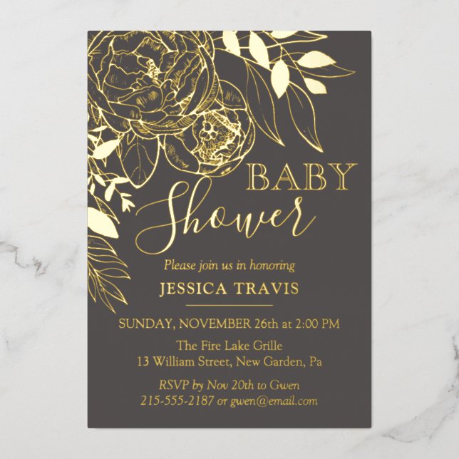 Gray & Gold Modern Floral Baby Shower Foil Invitation (Front)