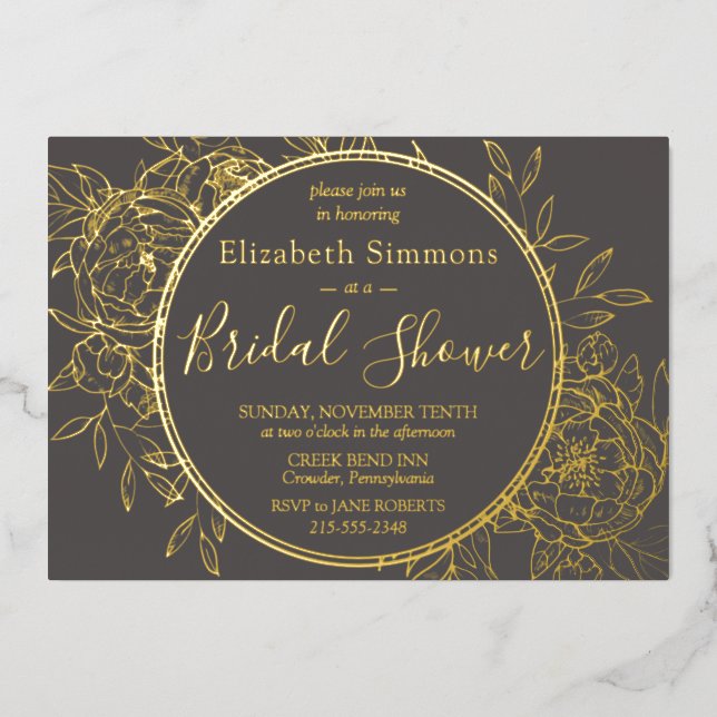 Gray & Gold Modern Line Peony Toile Bridal Shower Foil Invitation (Front)