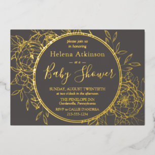 Gray & Gold Modern Peony Toile Baby Shower Foil Invitation