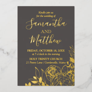 Gray & Gold Peony Modern Floral Wedding Foil Invitation