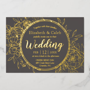 Gray & Gold Peony Modern Toile Wedding Foil Invitation