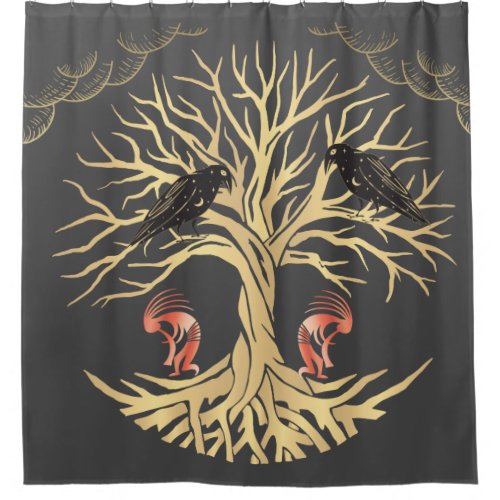 Gray Gold Ravens and Kokopelli Shower Curtain