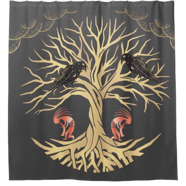 Gray Gold Ravens and Kokopelli Shower Curtain (Front)