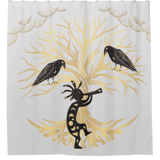 Gray Gold Ravens and Kokopelli Shower Curtain (Front)