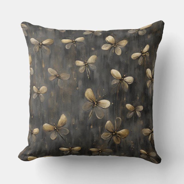 Gray Gold Rustic Firefly Print Throw Pillow (Front)