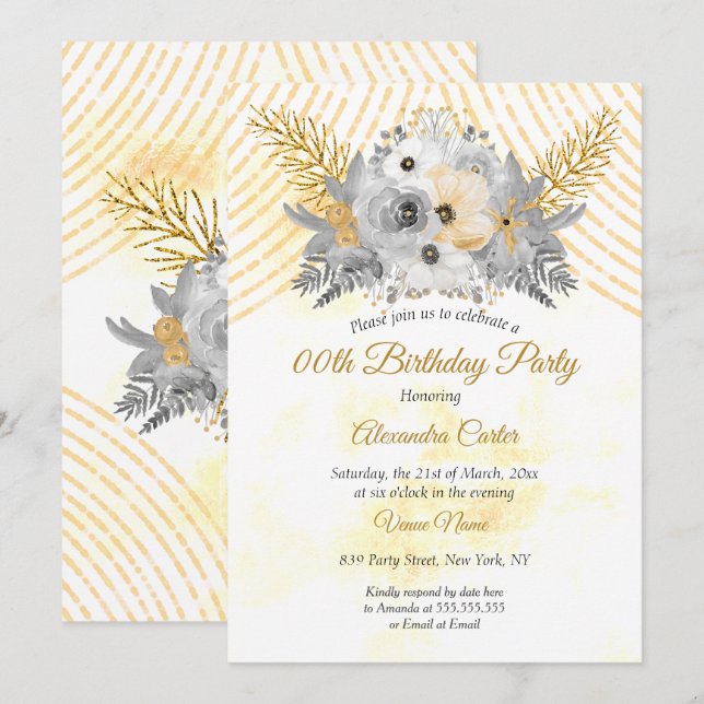 Gray Gold Sepia Floral Bouquet Birthday Party Invitation (Front/Back)