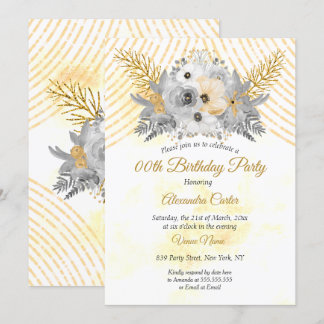 Gray Gold Sepia Floral Bouquet Birthday Party Invitation