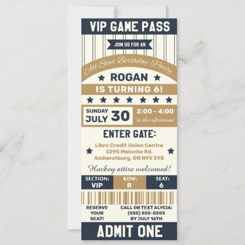 Gray  Gold Sports Themed Ticket Birthday Party Invitation