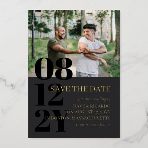 Gray  Gold Typography Wedding Photo Save the Date Foil Invitation