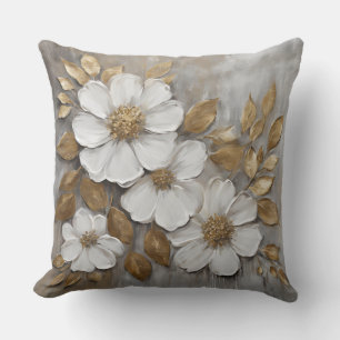 Gray Gold White Bold Floral Throw Pillow