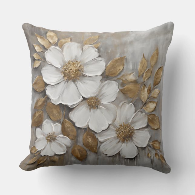 Gray Gold White Bold Floral Throw Pillow (Front)