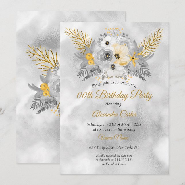 Gray Gold Yellow Floral Bouquet Birthday Party Invitation (Front/Back)