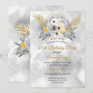 Gray Gold Yellow Floral Bouquet Birthday Party Invitation