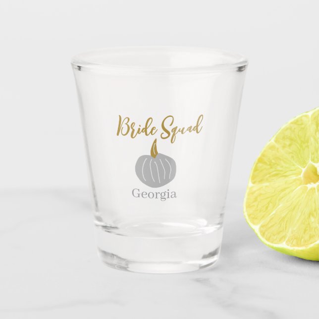 Gray golden pumpkin fall bride squad modern  shot glass (Front)