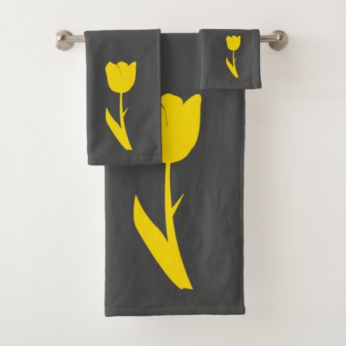 Gray Golden Yellow Tulip Dark Grey Big Floral Cute Bath Towel Set