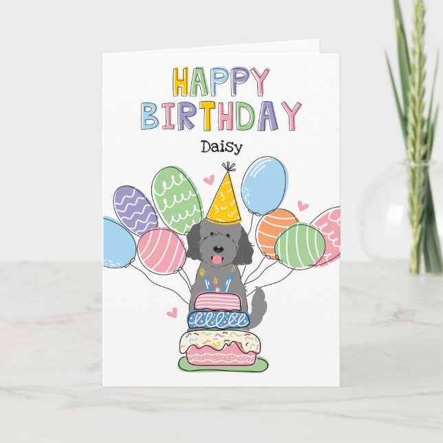 Gray Goldendoodle Dog Happy Birthday Card (Front)