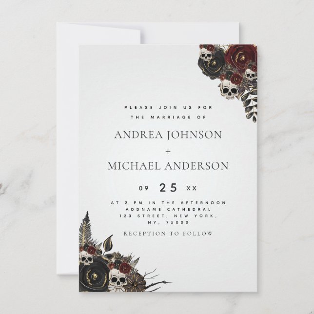 Gray Gothic Floral Skull Elegant Halloween Wedding Invitation (Front)