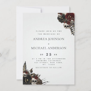 Gray Gothic Floral Skull Elegant Halloween Wedding Invitation