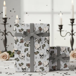 Gray Gothic Skulls and Roses Floral Wrapping Paper