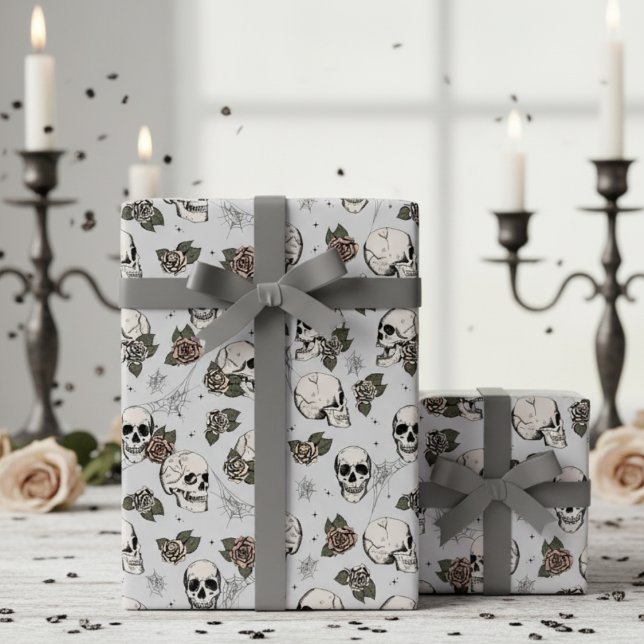 Gray Gothic Skulls and Roses Floral Wrapping Paper (Glam Gothic Floral Skull Wrapping Paper. Ornate Hand Drawn Vintage Skulls & Roses in Black Ink)