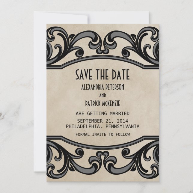 Gray Gothic Swirls Save the Date Invite (Front)