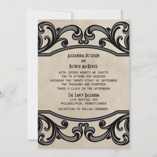Gray Gothic Swirls Wedding Invite (Front)