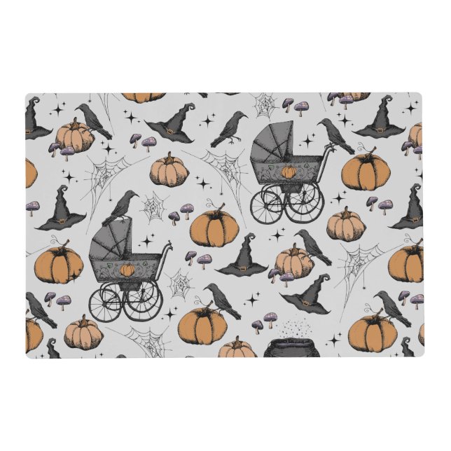 Gray Gothic Victorian Baby Carriage Pattern Placemat (Front)