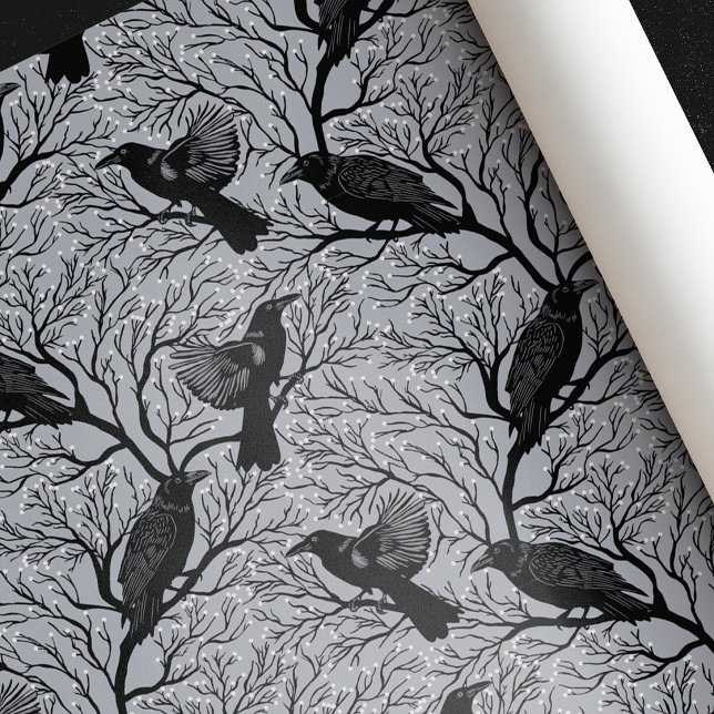 Gray Gothic Winter Berry Ravens Christmas Wrapping Paper (Creator Uploaded)