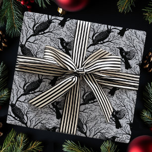 Gray Gothic Winter Berry Ravens Christmas Wrapping Paper