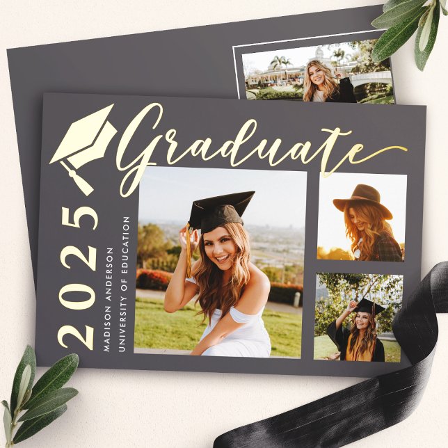 Gray Grad Cap Photo Foil Graduation Announcement (Creator Uploaded)