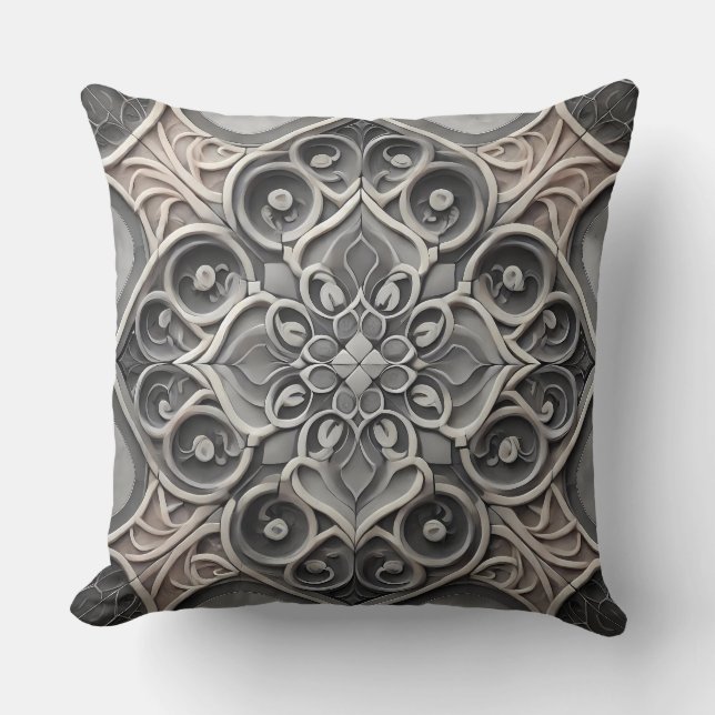 Gray Gradient Mandala Pattern: Serene Mosaic Art Throw Pillow (Front)