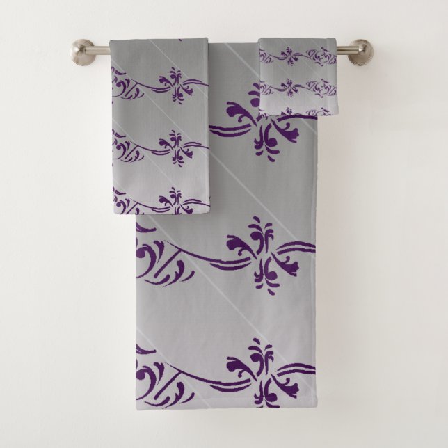 Gray Gradient Purple Striped Floral Leaf Pattern Bath Towel Set (Insitu)